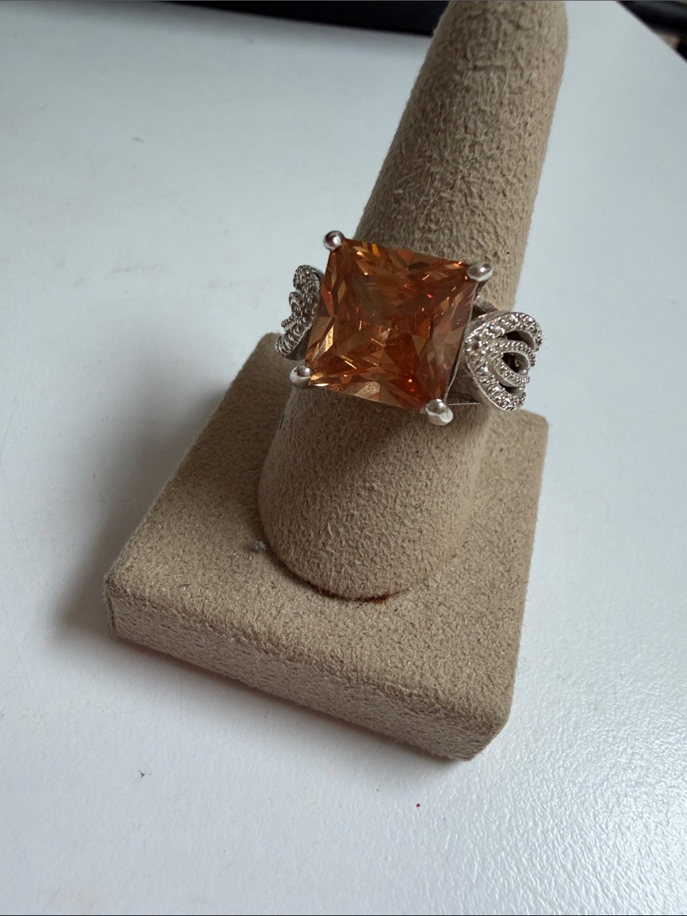 Size 8 Orange Square-Cut CZ Ring with 925 Silver Filigree Band